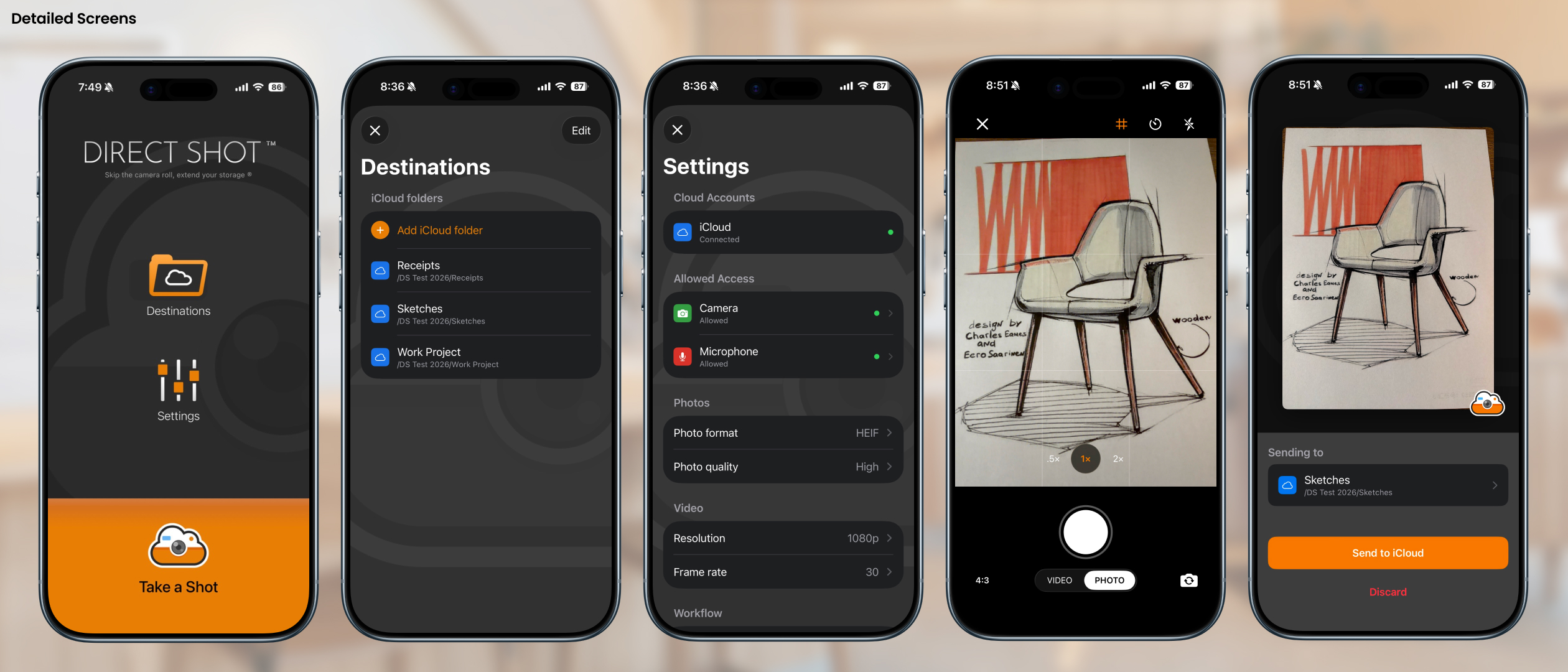 Direct Shot app screens — main view, destinations, settings, camera, and confirm screens